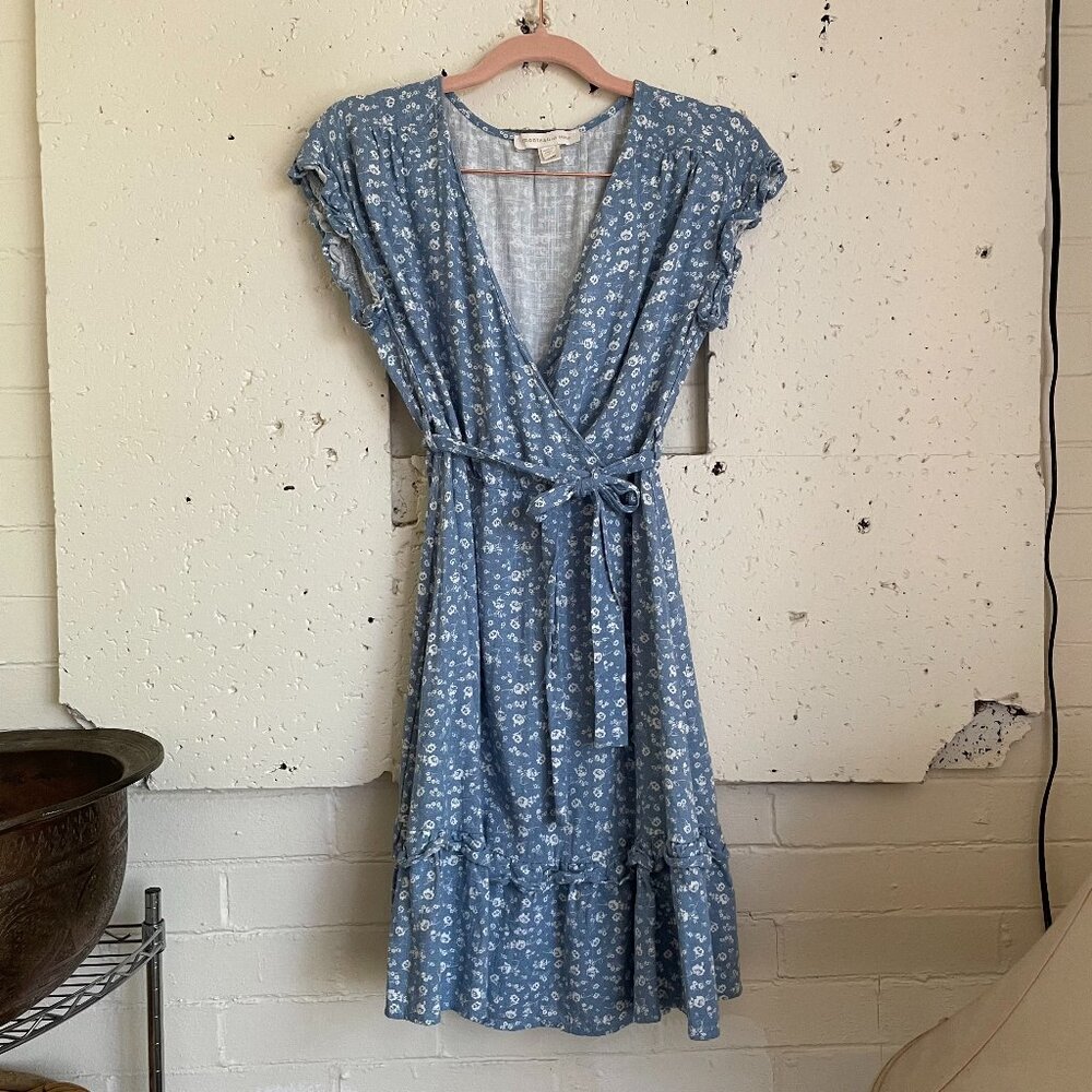 Monteau Los Angeles | Blue White Floral Surplice Ruffle Hem Tie Waist Dress S